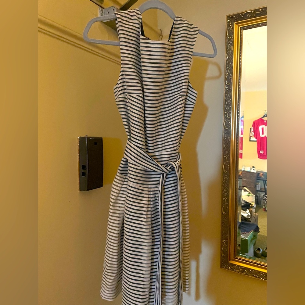 Beautiful black and white cream stripe Shoshanna dress with belt.